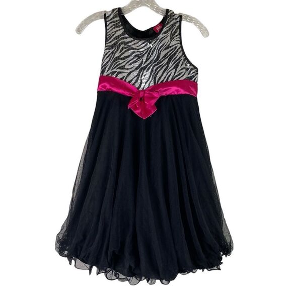 5/$25 Pinky Black Pink Zebra Sequins Bow Sleeveless Tulle Dress 14 - Picture 1 of 10